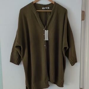 Olive Green Women's Boho Asymmetrical Hem Henley Oversized Waffle Knit Pullover